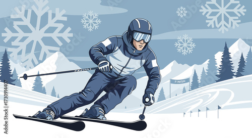 Vector illustration of a skier skiing down a snowy mountain with snow details, and mountains in