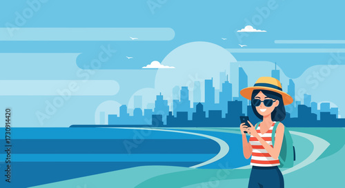 Vector illustration of a young woman on vacation near the ocean, using her smartphone with a