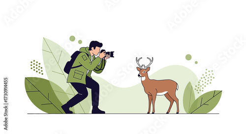 Wildlife photographer capturing a majestic deer in a serene nature setting illustration