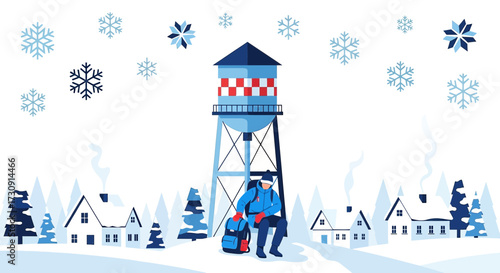 Winter Holiday Travel Scene with Water Tower Snowy Landscape and Snowflakes Design