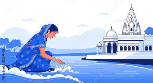 Woman Offering Prayers on the Banks of the Ganges Near Varanasi Temple Illustration