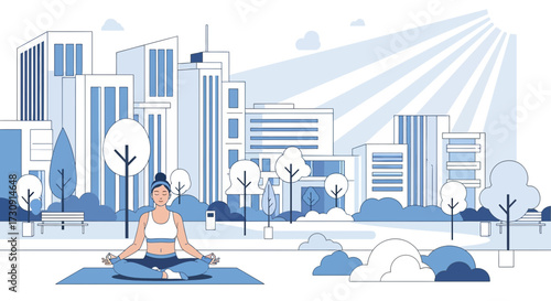 Woman practicing yoga in a serene urban park with city buildings in the background creating a