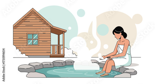 Woman Relaxing in an Outdoor Onsen with Cozy Wooden Cabin Atmosphere Relaxation