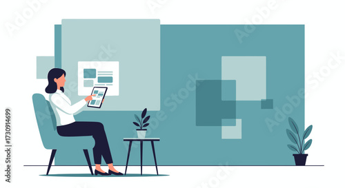 Woman using a tablet in a modern blue interior setting for remote working and digital