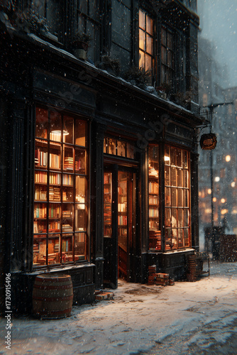 A charming old bookstore offers a warm and inviting refuge, its glowing windows illuminating the gentle snowfall on a quiet winter evening