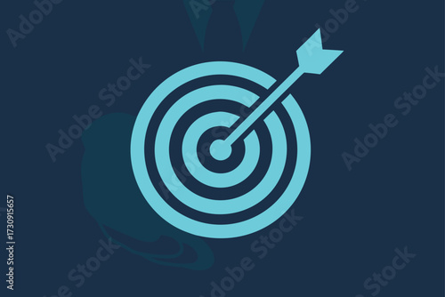 Blue target with arrow hitting center on dark background dartboard bullseye