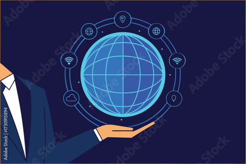Businessman holding a glowing globe with digital network icons around it hand earth