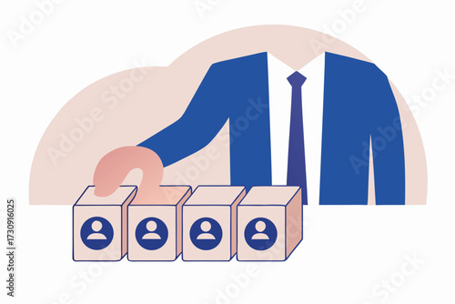 Businessman selecting from a row of employee profile blocks selection hiring