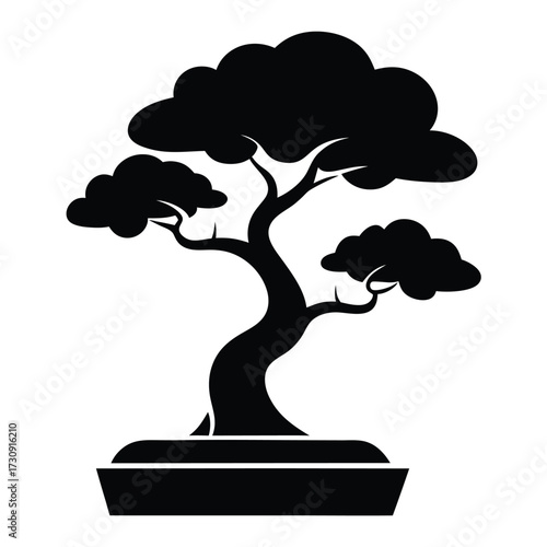 Silhouette of a bonsai tree in a pot