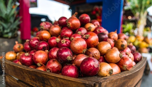 Onions in wooden crate at market