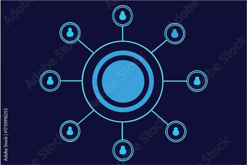 Central circle connected to multiple user icons in a network connection communication