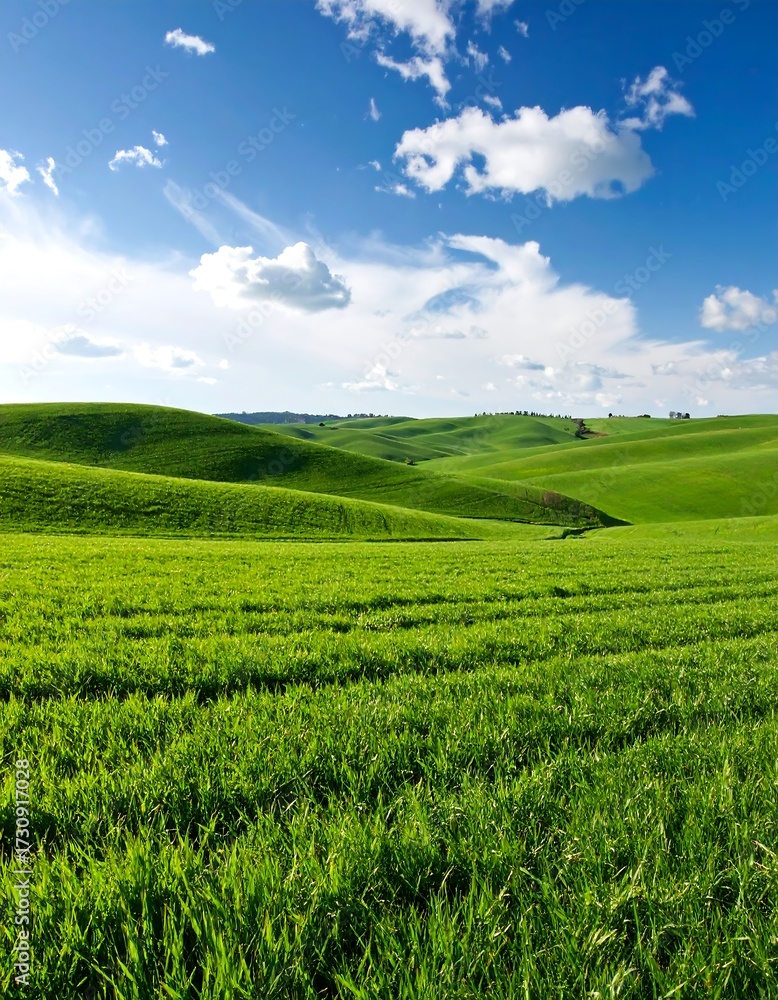 Naklejka premium Rolling green fields under a vibrant sky