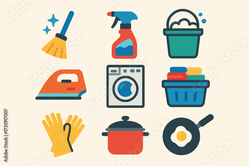 Collection of household cleaning and laundry items with a cooking pot and frying pan