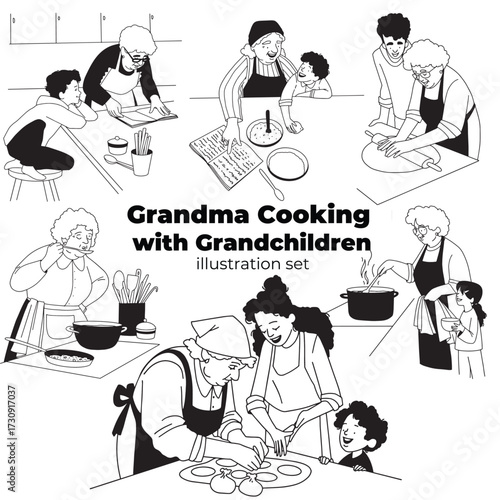 Grandma cooking with grandchildren vector illustration set. Vector illustration