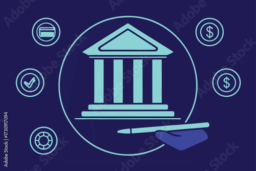 Financial Institution Icon with Hand Holding Pen and Icons banking finance