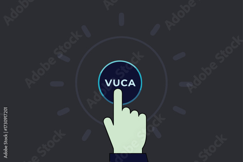 Finger Pressing Button Labeled VUCA with Radial Rays VUCA volatility