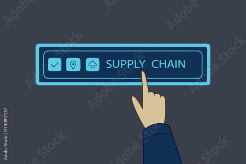 Finger pressing " Supply Chain" button with icons on dark background logistics distribution