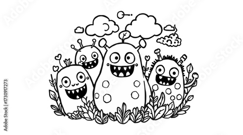 A group of four cartoon monsters with smiling faces, surrounded by plants and clouds, in a black and white line drawing.
