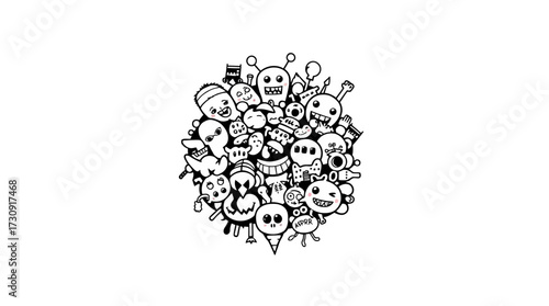A whimsical illustration of a cluster of various cartoonish creatures with expressive faces.