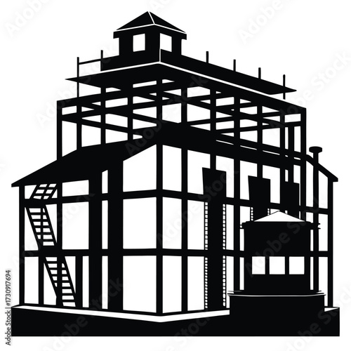 Black Silhouette of MultiStory Building Under Construction with Ladder and Water Tank