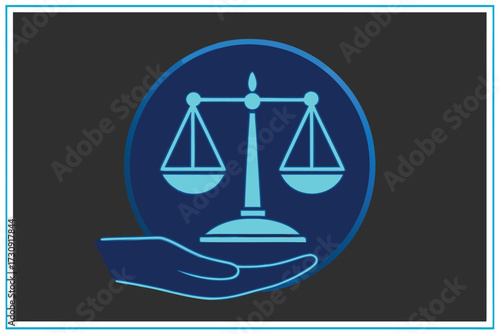 Hand holding scales of justice icon symbolizing law and fairness balance