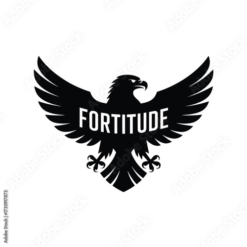 Powerful black eagle spreading wings with "fortitude" text symbolizing strength and resilience