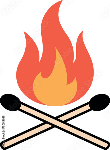 Two crossed matches ignite a vibrant, stylized campfire flame