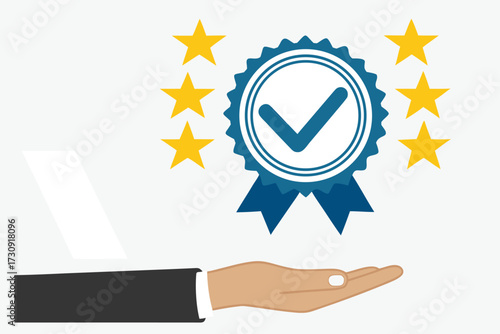 Hand Presenting Quality Award With Stars And Checkmark Badge vector illustration