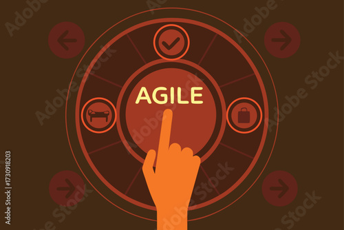 Hand touching screen with Agile text and icons for development and progress technology interface
