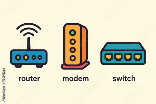 Illustration of network devices including a router modem and switch with labels
