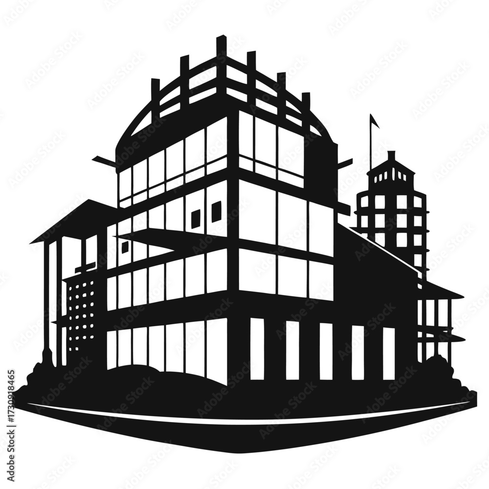 Obraz premium Silhouette of Modern Architecture with Unique Design Elements and a Tower Structure