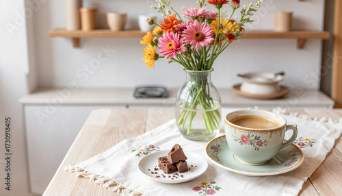 Vintage still life with coffee chocolate and flowers in pastel colors representing cozy morning ritual