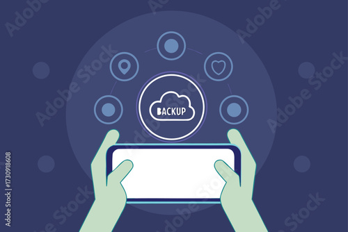 Hands holding smartphone with cloud backup icon and data points illustration vector
