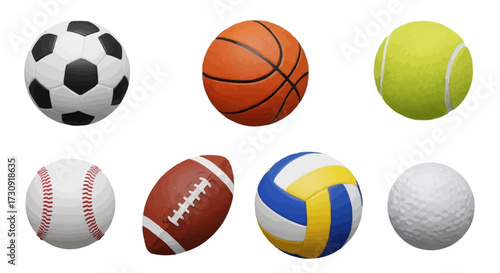 A collection of different sports balls including soccer ball basketball tennis ball baseball football volleyball and golf ball arranged in two rows
