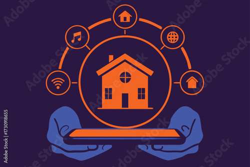 Hands holding smartphone with smart home icons orbiting a house illustration tablet