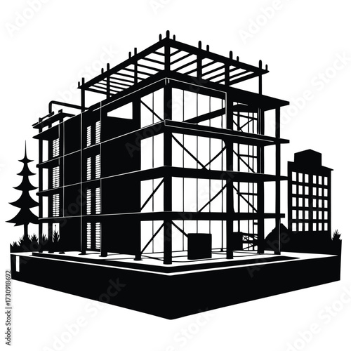 Black Silhouette of a Building Under Construction with Trees and Another Building Nearby