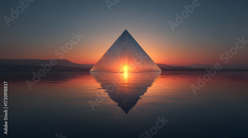 Reflective Silver Pyramid Floating on Orange and Blue Water at Sunset