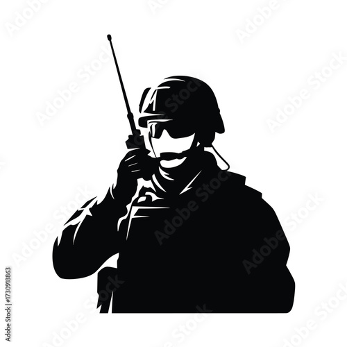 Silhouette of soldier with radio communicator tactical helmet and gear for military operations