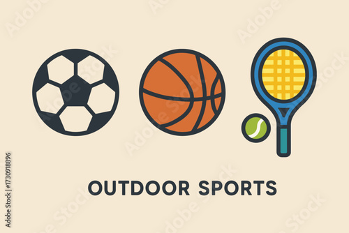 Collection of outdoor sports equipment including soccer ball basketball tennis racquet and ball