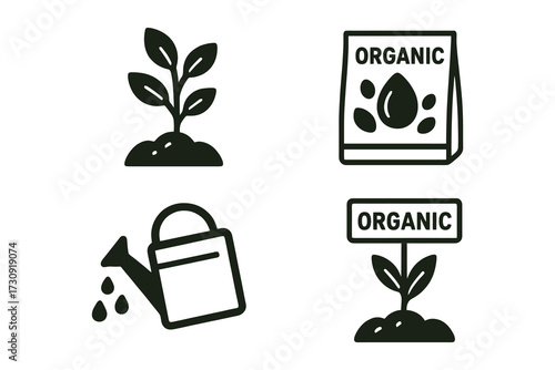 Set of four simple black and white icons representing organic gardening and plant growth