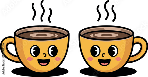 Two cheerful coffee cups sharing a warm moment, radiating happiness and comfort.