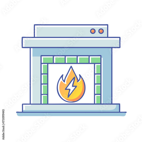 Icon of a light blue fireplace with fire and green brick elements