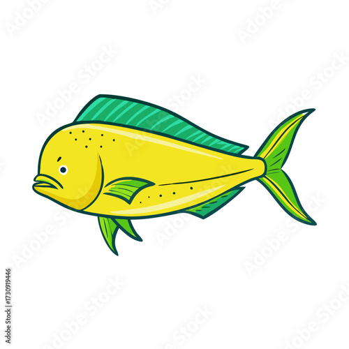 Cartoon mahi mahi fish in yellow and green on a white background