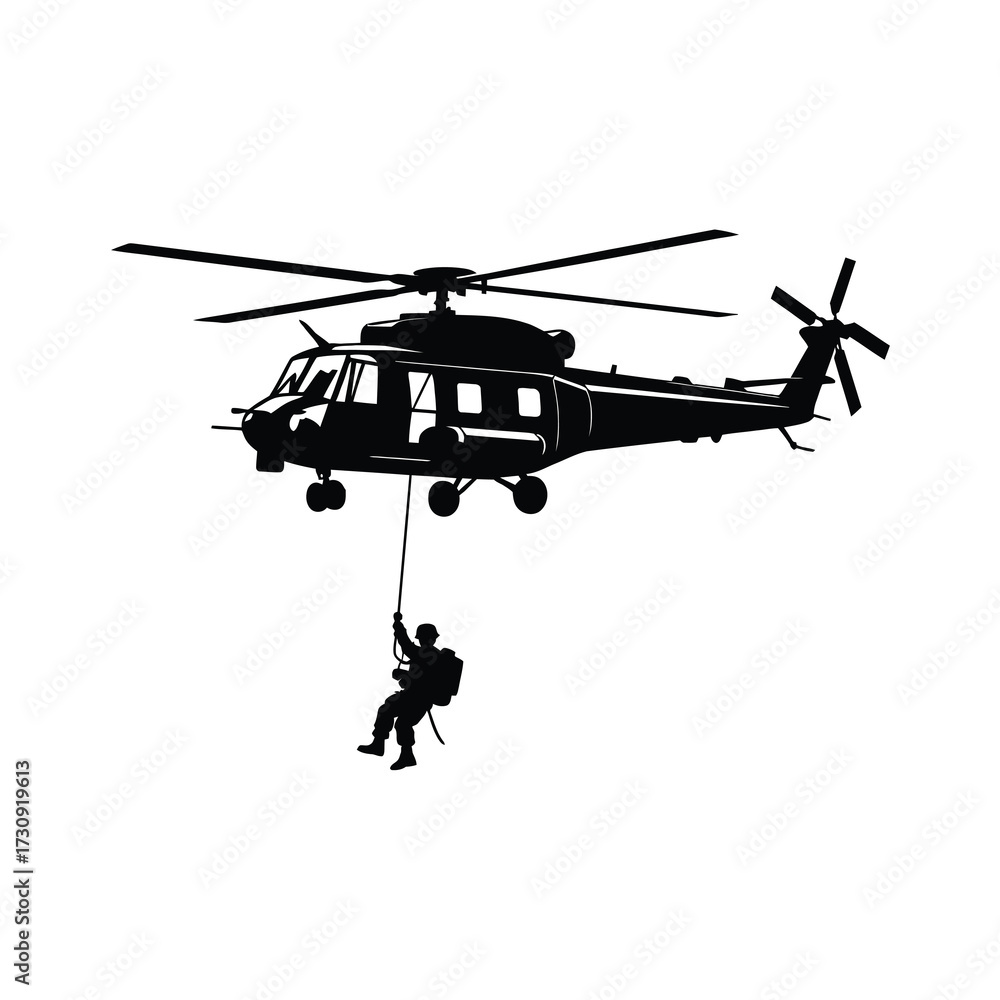 Fototapeta premium Military helicopter transporting soldier rappelling down during special operations mission
