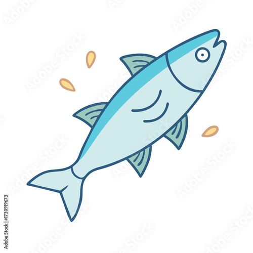 Cartoon style blue fish floating in water with bubbles and fins