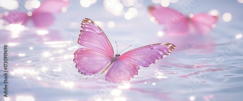 Delicate pink butterflies float gracefully on the surface of clear, sparkling water, reflecting ethereal light in a dreamy, pastel-colored scene. Soft edges enhance the tranquil beauty