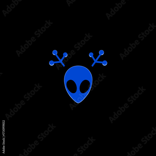 Stylized Blue Alien Head Illustration on Black Background, Futuristic Extraterrestrial Graphic with Unique Antennae Design