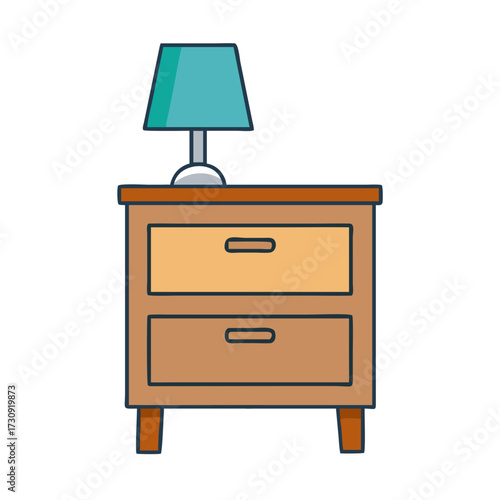 Cartoon illustration of a bedside table with two drawers and lamp