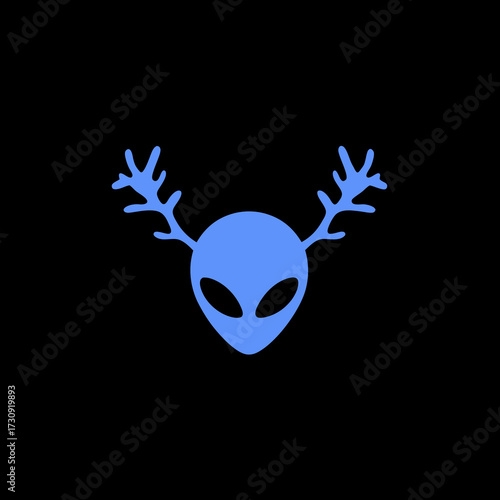 Minimalist blue alien head with antlers icon. Abstract graphic illustration of fantasy extraterrestrial creature with deer-like horns.