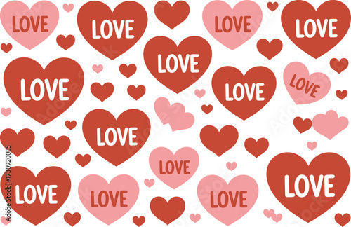 Heartfelt pattern of "LOVE" text on various sized hearts, celebrating affection and romance